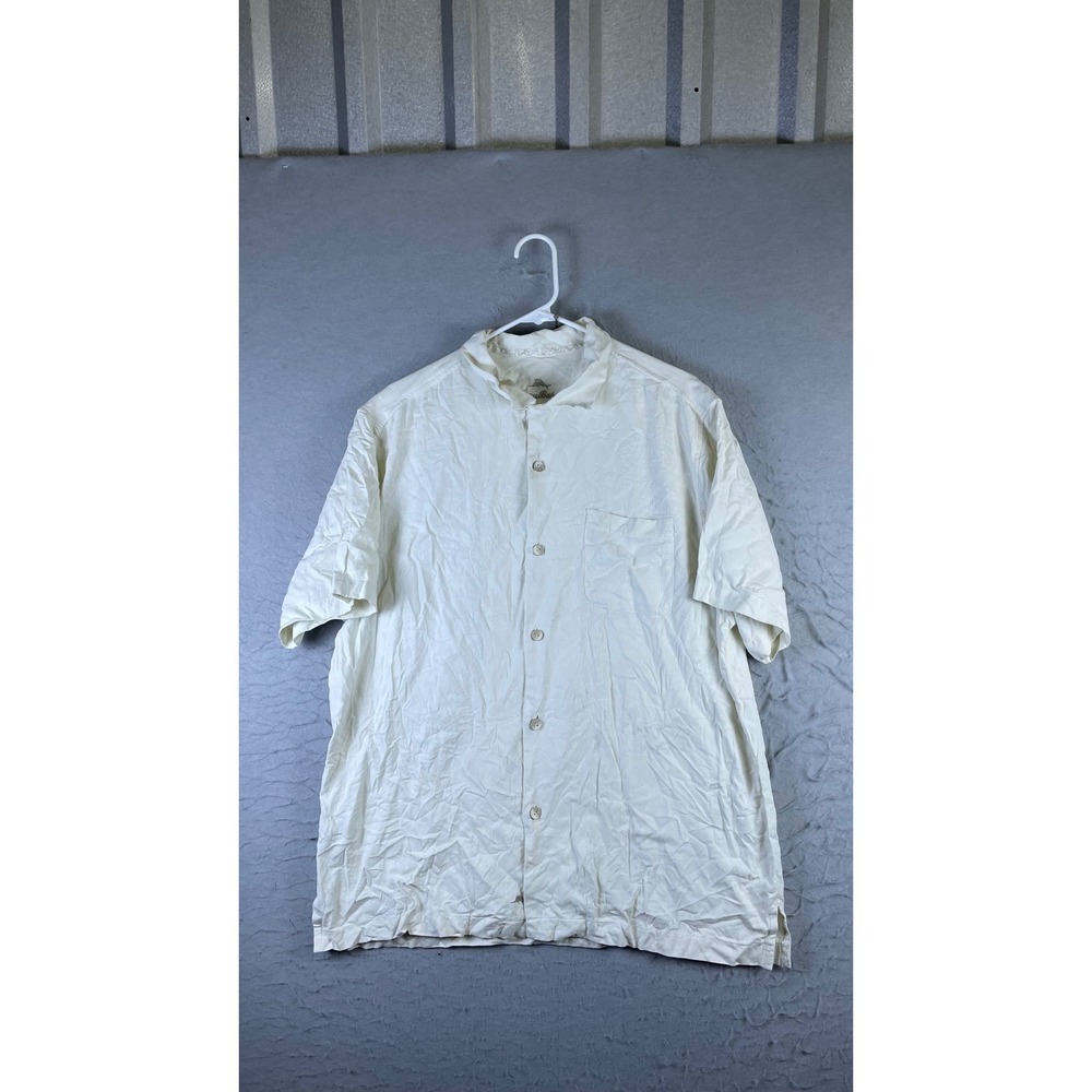 Tommy Bahama Button Up Shirt Mens L Cream Good Jacquard Tropical Short Sleeve